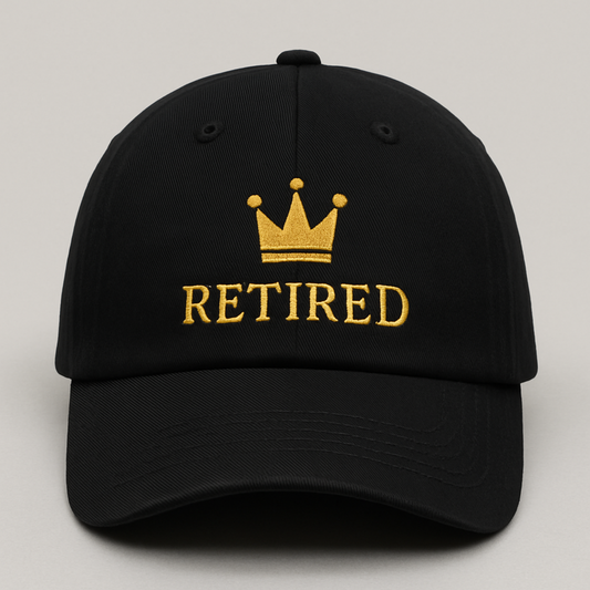 Retired Embroidered Hat – Luxury-Inspired Dad Cap with Crown Icon, Minimal Streetwear Hat, Retirement Gift for Him